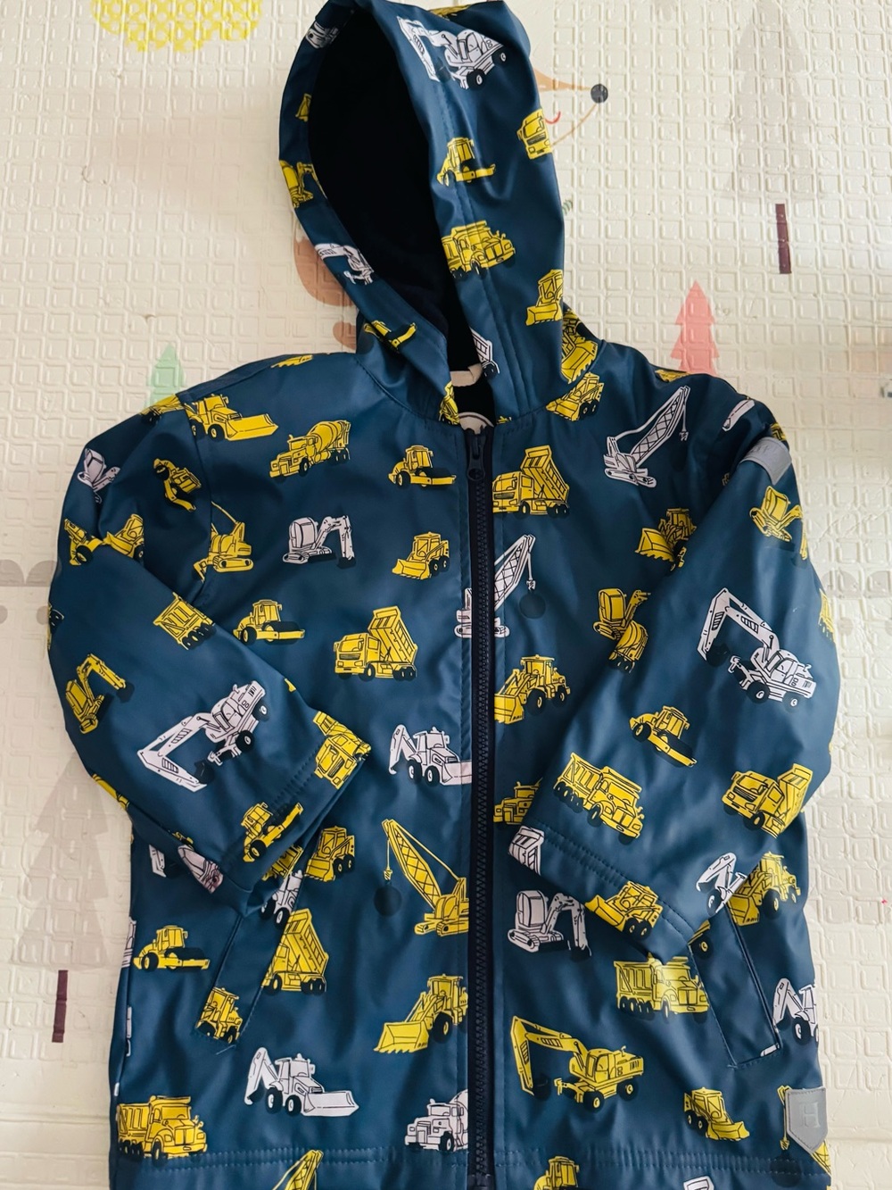 Kids Hooded Rain Jacket with Yellow Construction Trucks